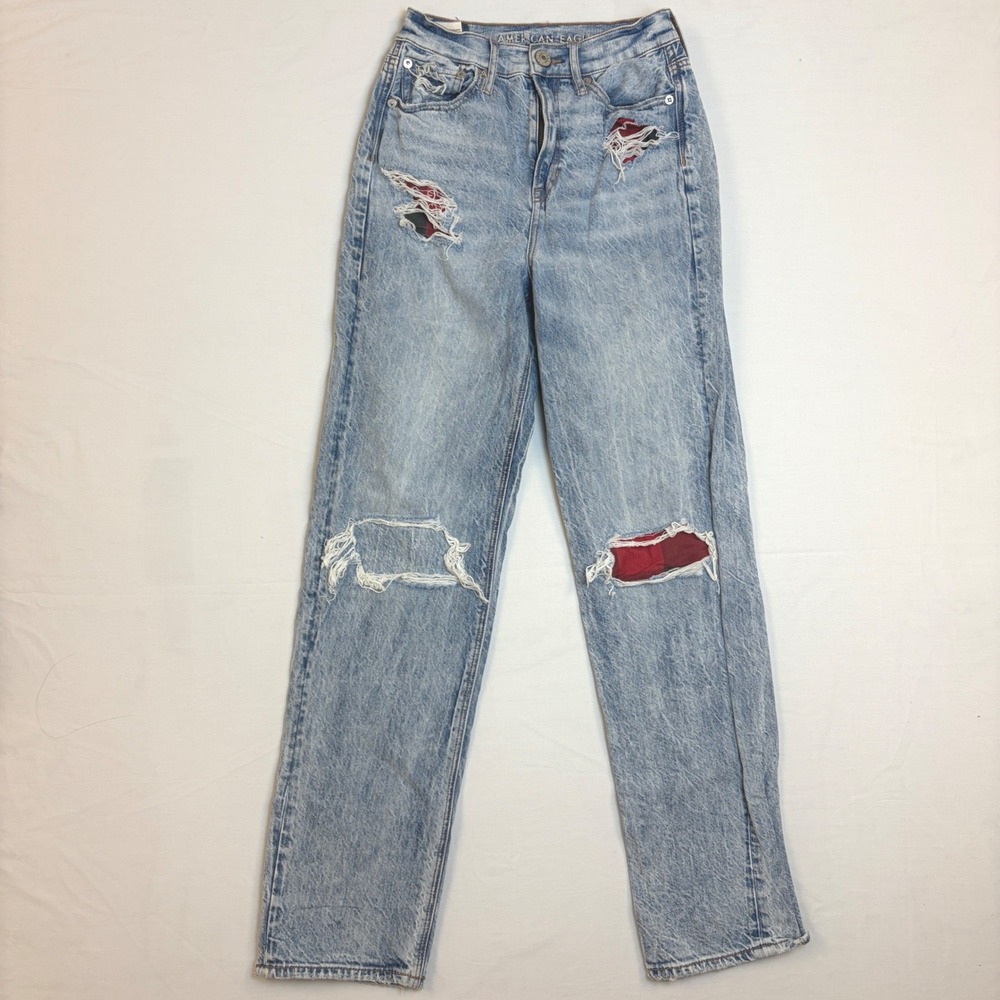American Eagle Highest Rise 90s Boyfriend Distressed Plaid Patch‎ Jeans 0 Long
